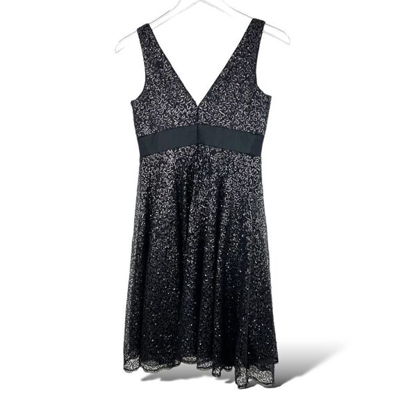 Carmen Marc Valvo Black Sequin Silk Cocktail Party‎ Dress Black Satin Bow Sz 6 - Picture 2 of 16